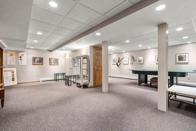 15 Wenlock Cir, Easton, MA 02356 - game room with carpet floors, a paneled ceiling, billiards, baseboards, and recessed lighting