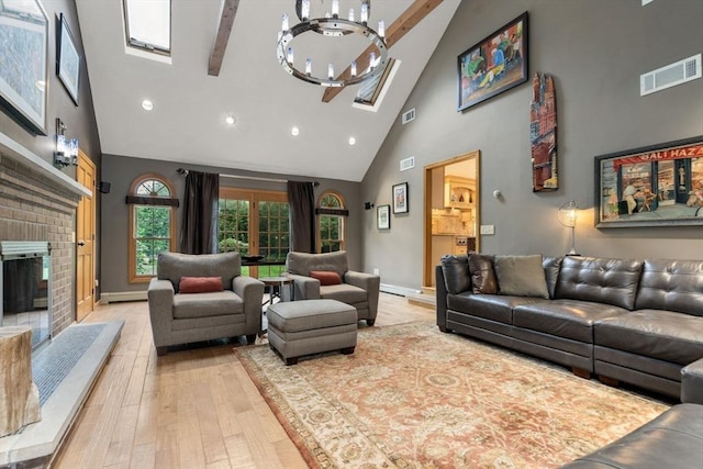 15 Wenlock Cir, Easton, MA 02356 - living room with high vaulted ceiling, light wood-type flooring, a skylight, a brick fireplace, and recessed lighting