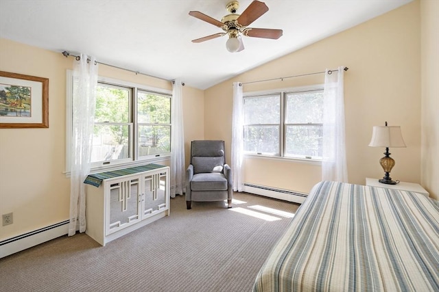 58 Edward Rd, Watertown, MA 02472 - carpeted bedroom featuring a baseboard heating unit, vaulted ceiling, and ceiling fan