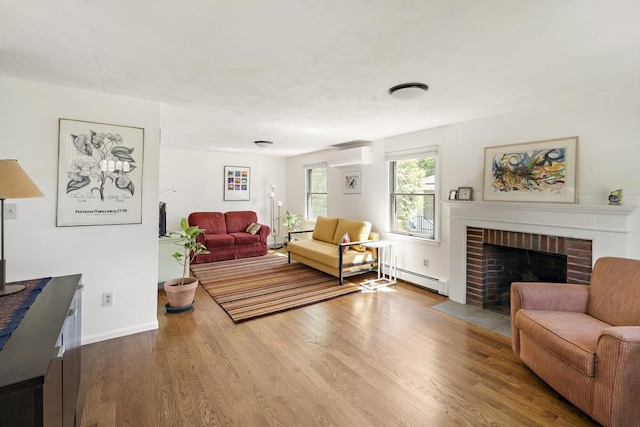 58 Edward Rd, Watertown, MA 02472 - living area featuring baseboard heating, wood finished floors, a fireplace, baseboards, and a wall unit AC