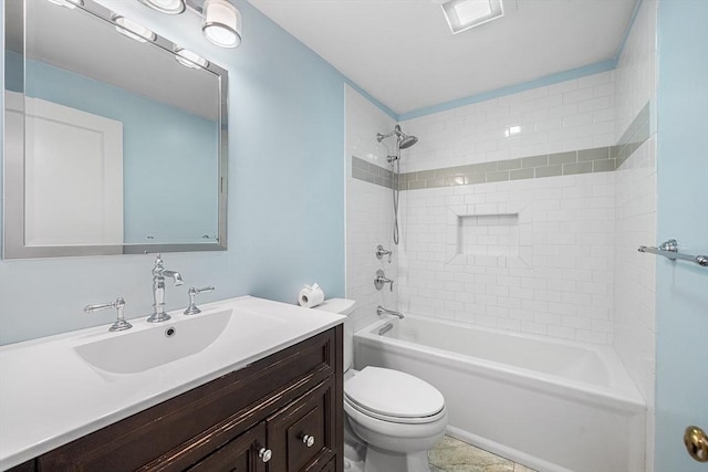 full bathroom featuring visible vents, shower / washtub combination, toilet, and vanity