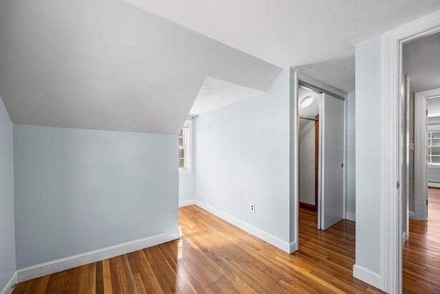 additional living space featuring a wealth of natural light, baseboards, wood finished floors, and vaulted ceiling