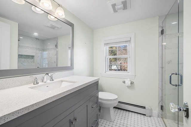 full bath featuring a stall shower, toilet, visible vents, and a baseboard radiator