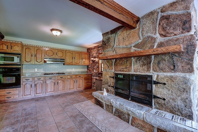 kitchen with backsplash, tile patterned flooring, beamed ceiling, and appliances with stainless steel finishes