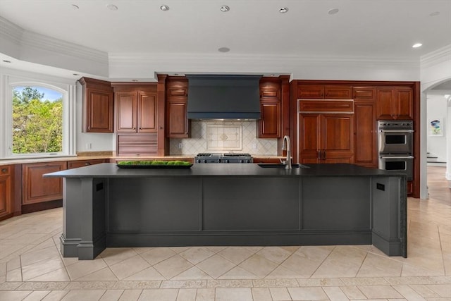 6 Wayside Cir, Framingham, MA 01701 - kitchen with double oven, premium range hood, a sink, dark countertops, and crown molding