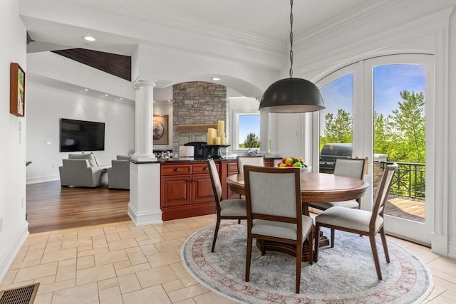 6 Wayside Cir, Framingham, MA 01701 - dining room featuring ornate columns, plenty of natural light, crown molding, and recessed lighting