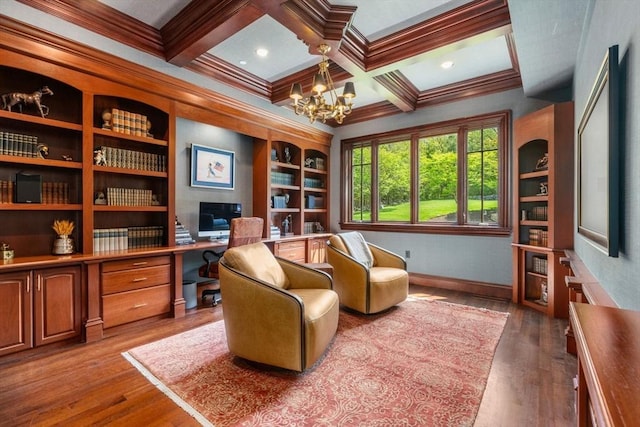 6 Wayside Cir, Framingham, MA 01701 - home office featuring ornamental molding, wood finished floors, a chandelier, built in shelves, and baseboards