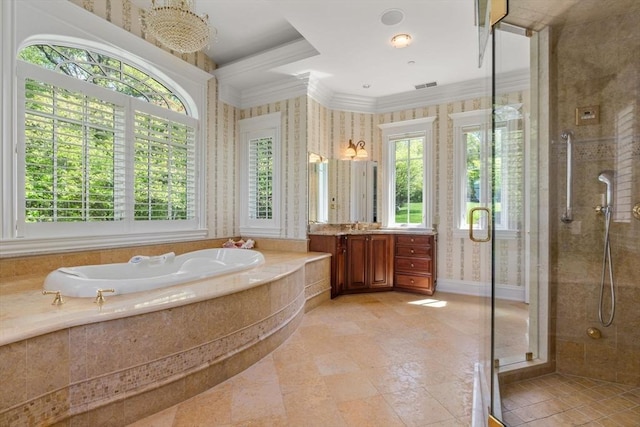 6 Wayside Cir, Framingham, MA 01701 - bathroom featuring vanity, ornamental molding, a stall shower, a bath, and wallpapered walls
