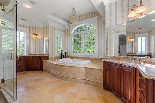 6 Wayside Cir, Framingham, MA 01701 - full bathroom featuring wallpapered walls, plenty of natural light, crown molding, two vanities, and a stall shower