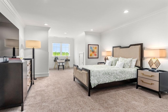 6 Wayside Cir, Framingham, MA 01701 - bedroom with light carpet, crown molding, baseboards, and recessed lighting