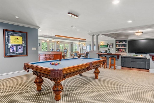 6 Wayside Cir, Framingham, MA 01701 - recreation room featuring ornamental molding, carpet, baseboards, billiards, and ornate columns