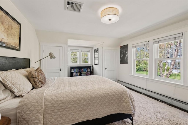 bedroom featuring carpet floors, visible vents, and baseboard heating