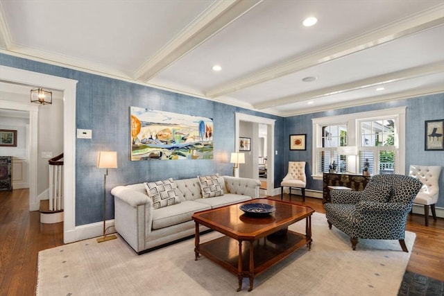 living area featuring ornamental molding, wallpapered walls, and light wood-style flooring