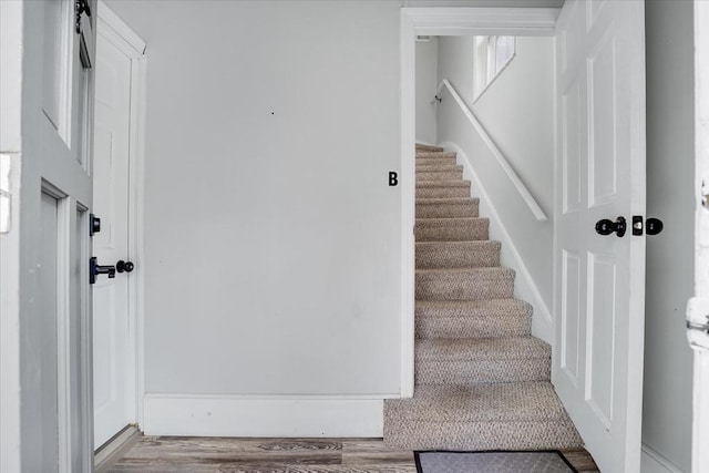stairs featuring wood finished floors