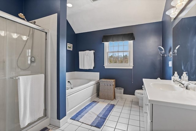 10 Deer Run Dr, Westford, MA 01886 - full bath featuring tile patterned flooring, vaulted ceiling, a stall shower, vanity, and baseboards