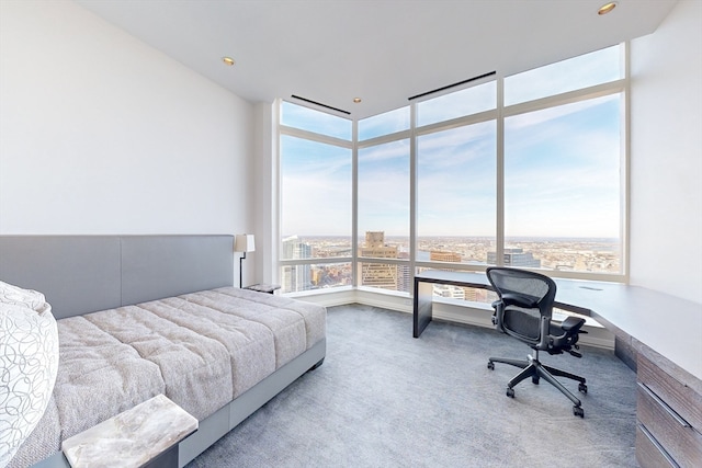 bedroom featuring light carpet