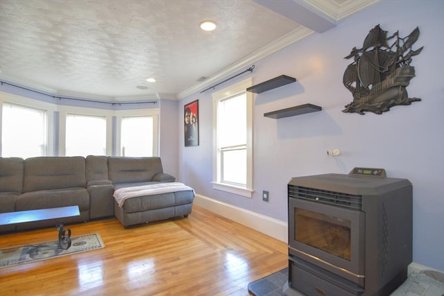 living area featuring ornamental molding, a wood stove, a textured ceiling, light wood-type flooring, and baseboards