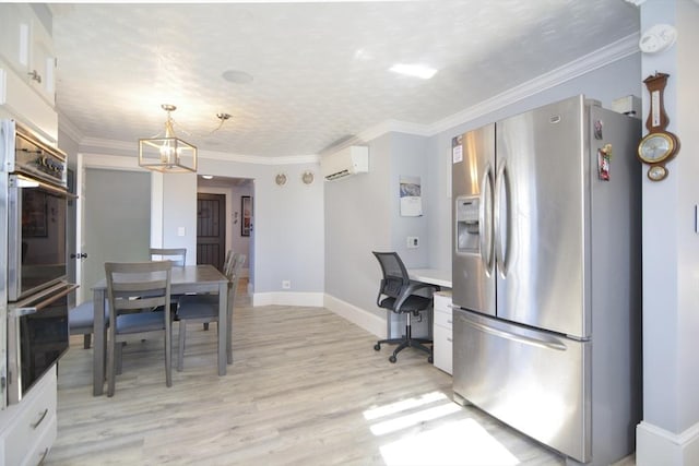 kitchen featuring white cabinetry, ornamental molding, a wall mounted AC, light wood-type flooring, and stainless steel fridge with ice dispenser