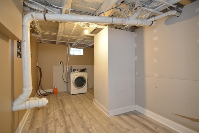 laundry room featuring laundry area, baseboards, washer / clothes dryer, and light wood-style floors