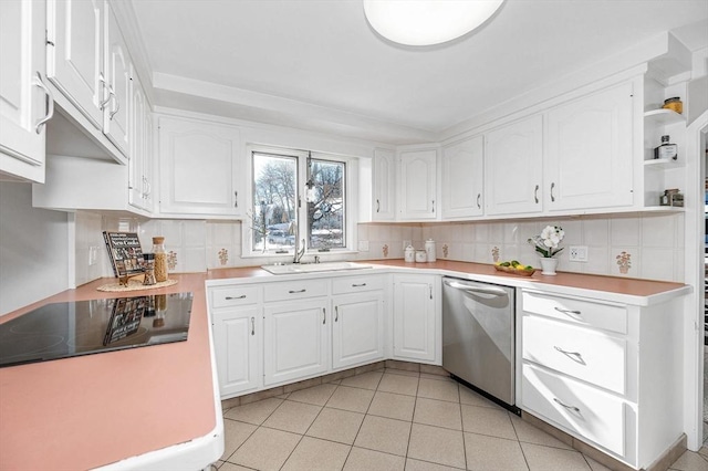 kitchen featuring sink, backsplash, white cabinets, black electric cooktop, and stainless steel dishwasher