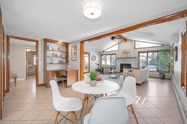 tiled dining room with baseboard heating, a fireplace, a wall unit AC, and vaulted ceiling with beams