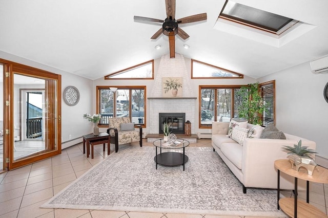 tiled living room with vaulted ceiling with beams, a wall mounted air conditioner, a fireplace, and plenty of natural light