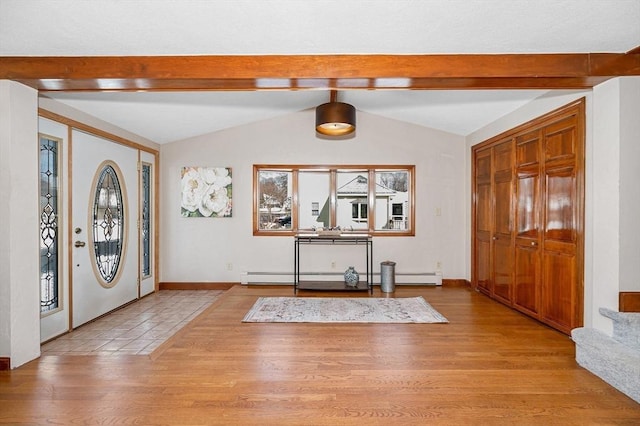 foyer with lofted ceiling with beams, light hardwood / wood-style floors, and baseboard heating