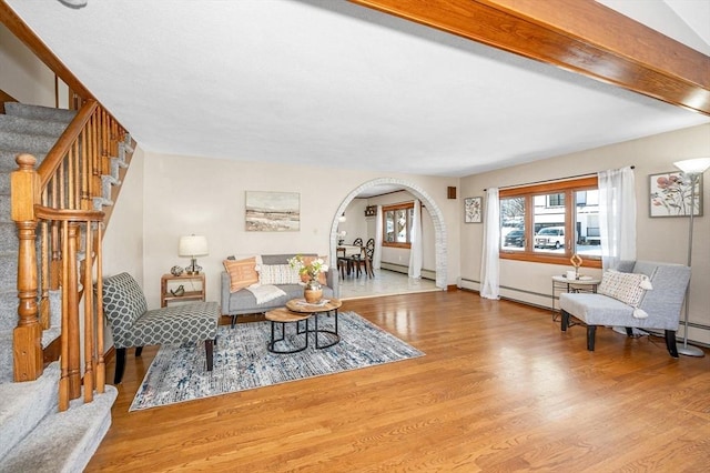 living room with beamed ceiling, light hardwood / wood-style floors, and a baseboard heating unit