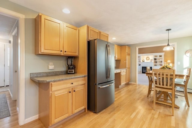 36 Emerald Dr, Lynn, MA 01094 - kitchen with freestanding refrigerator, light wood-style flooring, light brown cabinets, recessed lighting, and pendant lighting