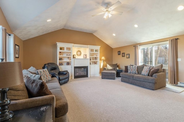 36 Emerald Dr, Lynn, MA 01094 - living room with carpet, lofted ceiling, recessed lighting, a ceiling fan, and a fireplace