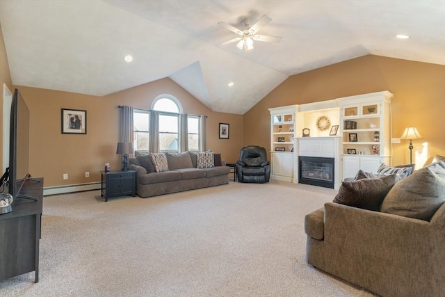 36 Emerald Dr, Lynn, MA 01094 - carpeted living area featuring ceiling fan, lofted ceiling, a glass covered fireplace, a baseboard radiator, and recessed lighting