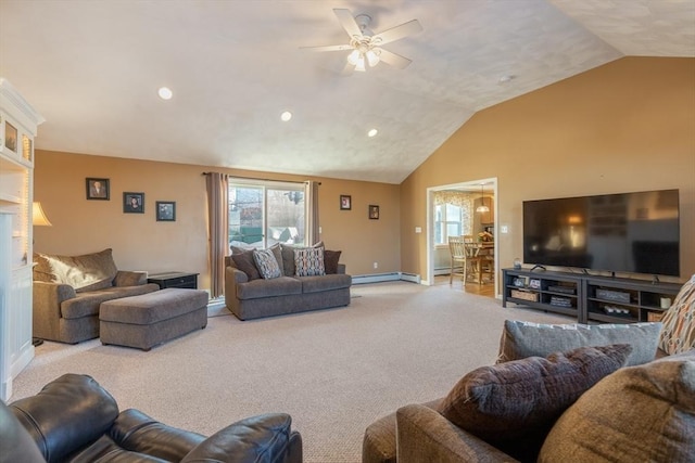 36 Emerald Dr, Lynn, MA 01094 - living area featuring ceiling fan, vaulted ceiling, healthy amount of natural light, light colored carpet, and recessed lighting