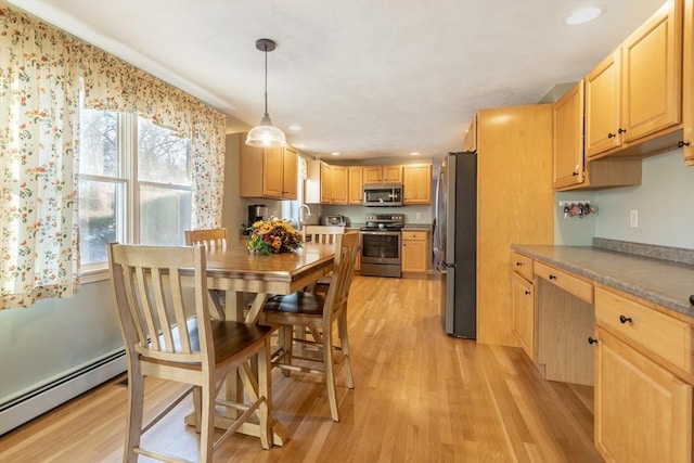 36 Emerald Dr, Lynn, MA 01094 - kitchen with appliances with stainless steel finishes, a baseboard heating unit, light wood-style floors, light brown cabinets, and recessed lighting