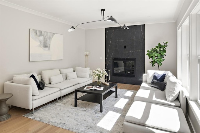 54 Stone Rd, Sudbury, MA 01776 - living area with wood finished floors, crown molding, and a premium fireplace