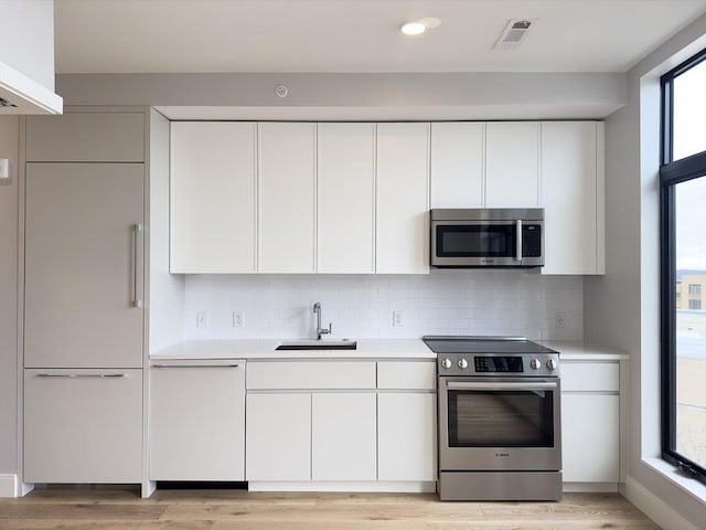 kitchen featuring decorative backsplash, a wealth of natural light, stainless steel appliances, sink, and white cabinetry