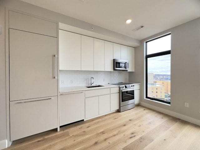 kitchen featuring white cabinetry, sink, light hardwood / wood-style flooring, backsplash, and appliances with stainless steel finishes