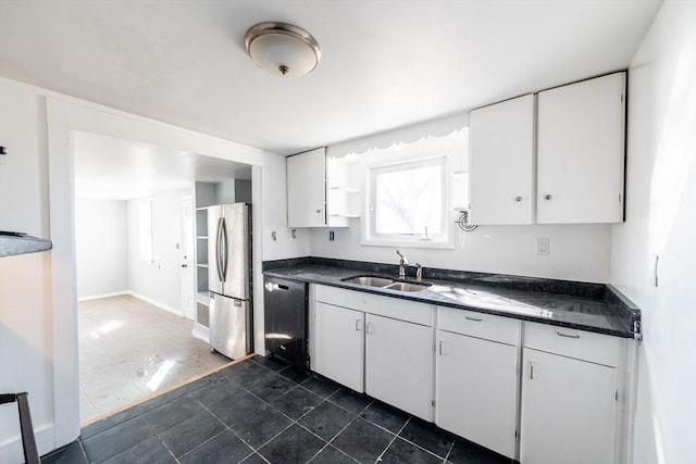 kitchen with stainless steel appliances, white cabinets, a sink, and open shelves