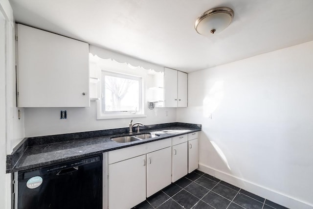 kitchen featuring dark countertops, white cabinets, a sink, dark tile patterned flooring, and dishwasher