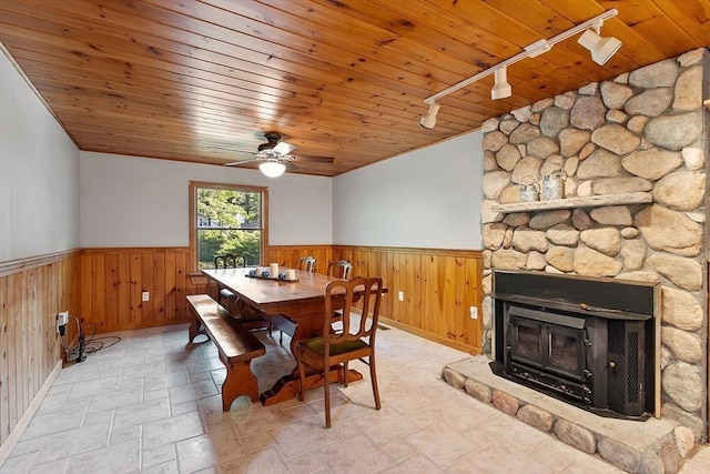 1 Sheffield Cir, Andover, MA 01810 - dining space with wainscoting, rail lighting, wooden ceiling, a ceiling fan, and wood walls