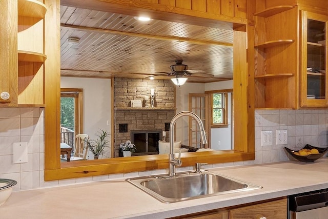 1 Sheffield Cir, Andover, MA 01810 - kitchen featuring dishwasher, open shelves, light countertops, wooden ceiling, and ceiling fan