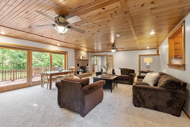 1 Sheffield Cir, Andover, MA 01810 - living room featuring light carpet, wooden ceiling, ceiling fan, and a fireplace