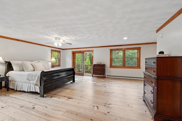 1 Sheffield Cir, Andover, MA 01810 - bedroom featuring a baseboard radiator, access to exterior, crown molding, light wood finished floors, and ceiling fan