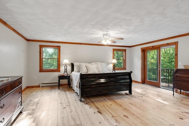 1 Sheffield Cir, Andover, MA 01810 - bedroom with a baseboard heating unit, access to outside, light wood-type flooring, crown molding, and ceiling fan