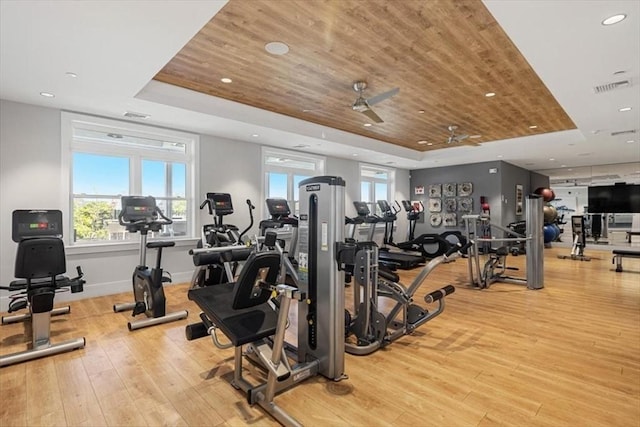 21 Brand Blvd Unit 21, Scituate, MA 02066 - gym featuring a tray ceiling, light wood-style flooring, wood ceiling, recessed lighting, and baseboards