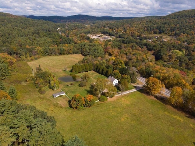 drone / aerial view featuring a mountain view and a forest view
