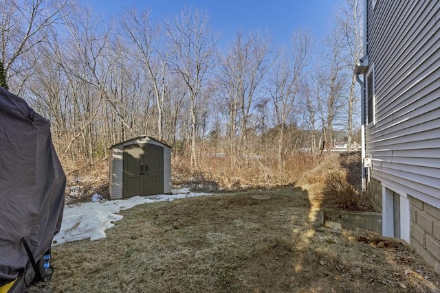 view of yard featuring an outbuilding and a shed