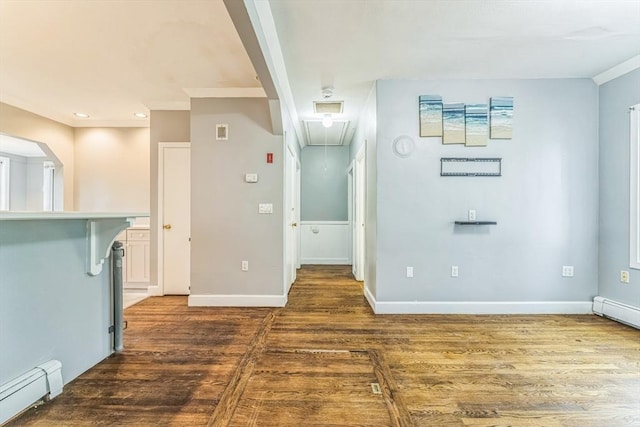 328 E Main St, Marlborough, MA 01752 - hall featuring a baseboard radiator, attic access, wood finished floors, arched walkways, and recessed lighting