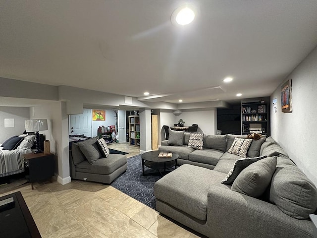 living room featuring built in shelves