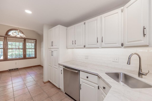 19 Spruce Pond Rd Unit 19, Franklin, MA 02038 - kitchen featuring dishwasher, a sink, decorative backsplash, white cabinets, and lofted ceiling