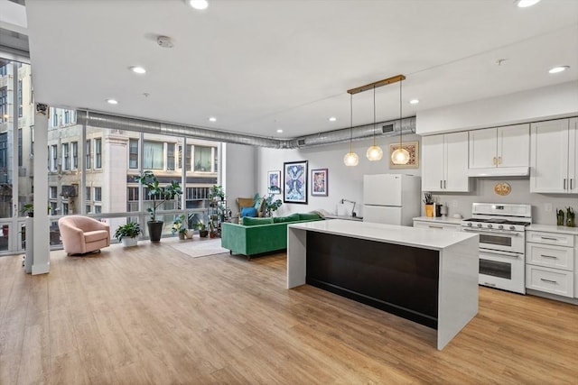 17 Kearney Sq Unit 209, Lowell, MA 01852 - kitchen with double oven range, freestanding refrigerator, floor to ceiling windows, light countertops, and a center island